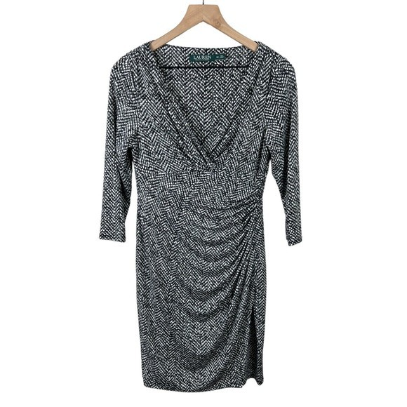 Lauren Ralph Lauren Womens Black White Printed‎ Faux Wrap Jersey Dress 8 Petite - Picture 1 of 5
